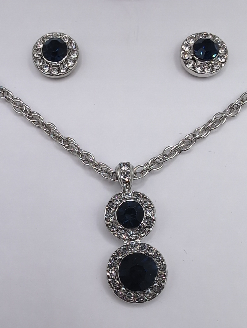 Charter Club Silvertone Sapphire Crystal Halo Pendant Necklace and Stud Earrings